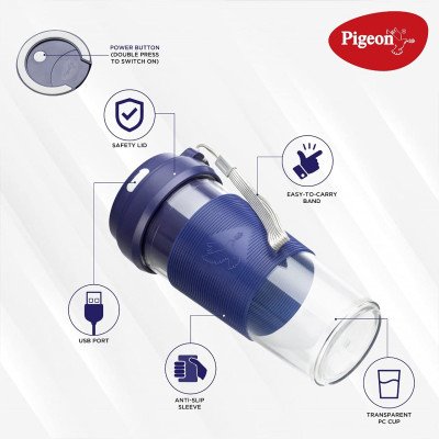 Pigeon Blendo-Personal Blender with Juicer Cup Jar, 330 ml (USB rechargeable) 528 W Hand Blender??(Blue)