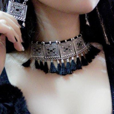 Black Handcrafted Oxidised Silver Choker Set