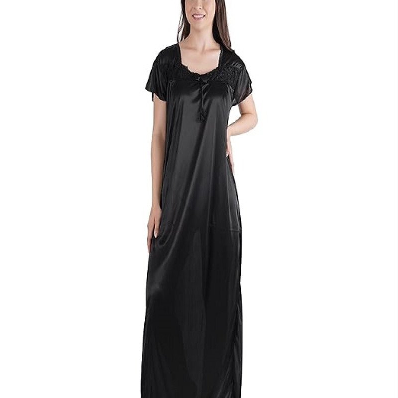 Black Women's Premium Satin Half Sleeve Nighty