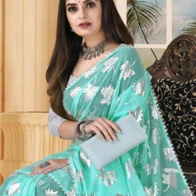 Aadishakti Blue Fashion Leaf Embellished Sarees