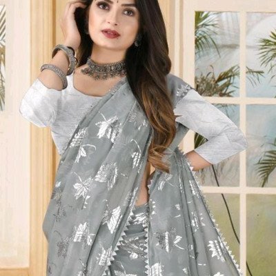 Aadishakti Grey Fashion Leaf Embellished Sarees