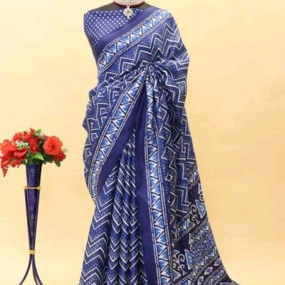 Ikkat Blue Print Khadi Blended Saree