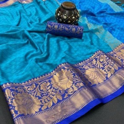 Trendy Blue Cotton Silk Green Sarees