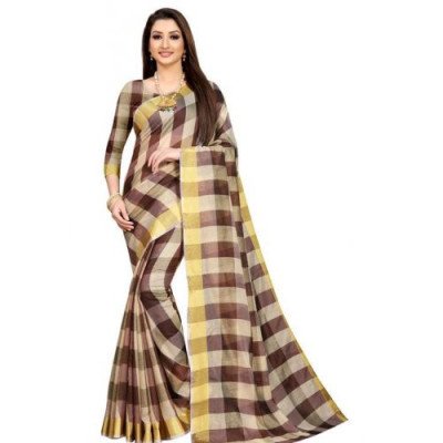 Alisha Brown Check Petite Cotton Printed Sarees