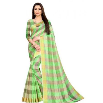 Alisha Green Check Petite Cotton Printed Sarees