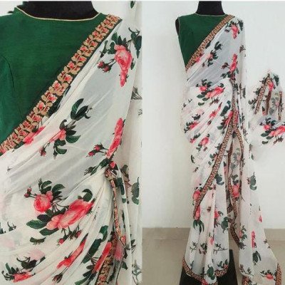 Aagyeyi Sensational White Floral Printed Sarees