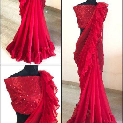 Classy Red Georgette Sarees with Ruffle