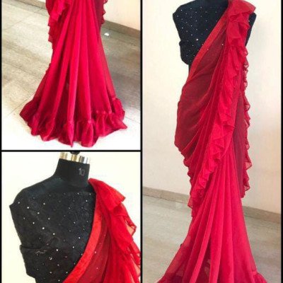 Classic Maroon Georgette Sarees with Ruffle