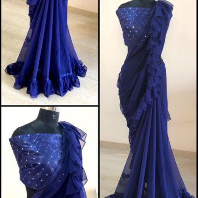 Classy Blue Georgette Sarees with Ruffle