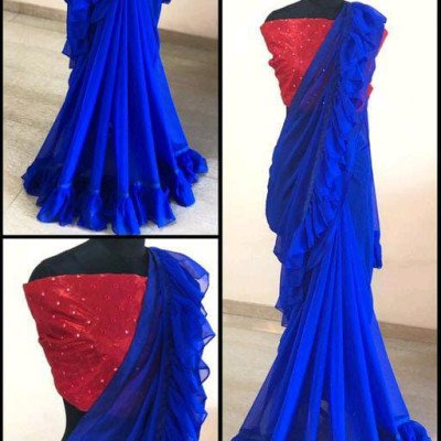 Blue Georgette Sarees with Ruffle