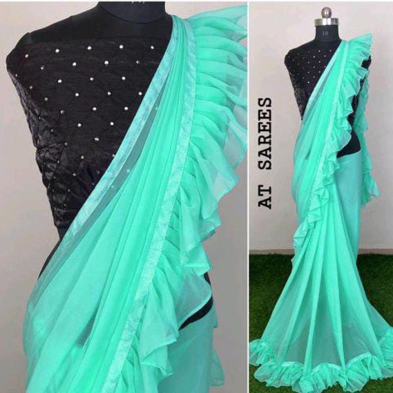 Aqua Blue Georgette Sarees with Ruffle