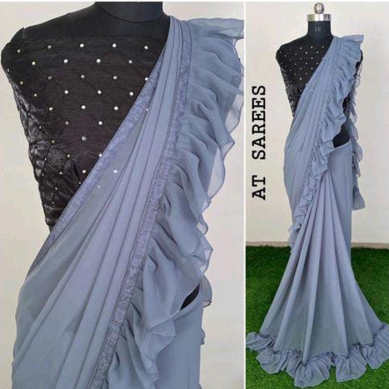 Classy Georgette Grey Sarees with Ruffle