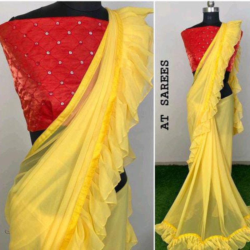 Yellow Red Georgette Sarees with Ruffle