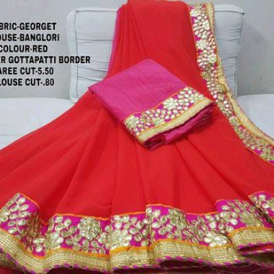 Paper Gota Patti Border Red With Pipin Georgette Sarees