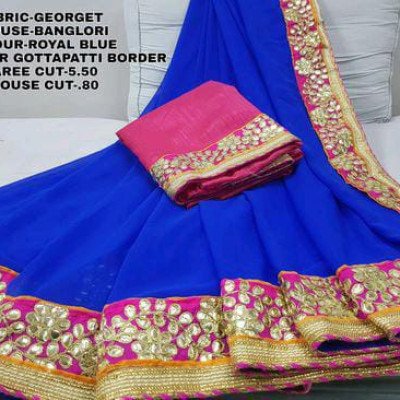 Paper Gota Patti Border Blue With Pipin Georgette Sarees