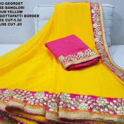 Paper Gota Patti Border Yellow With Pipin Georgette Sarees