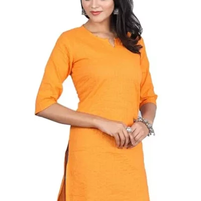 Orange Women Cotton V-Neck Short Kurtis