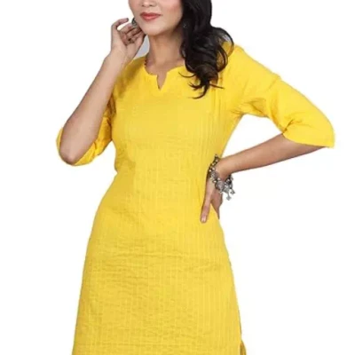 Yellow Women Cotton V-Neck Short Kurtis