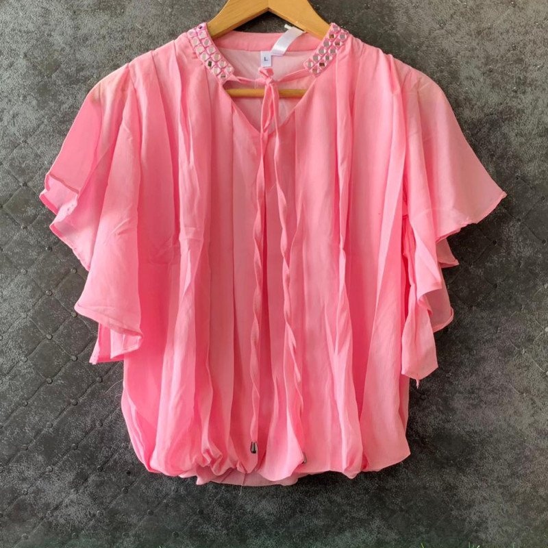 Pink Mirror Embroidery Knot Collar Balloon Top