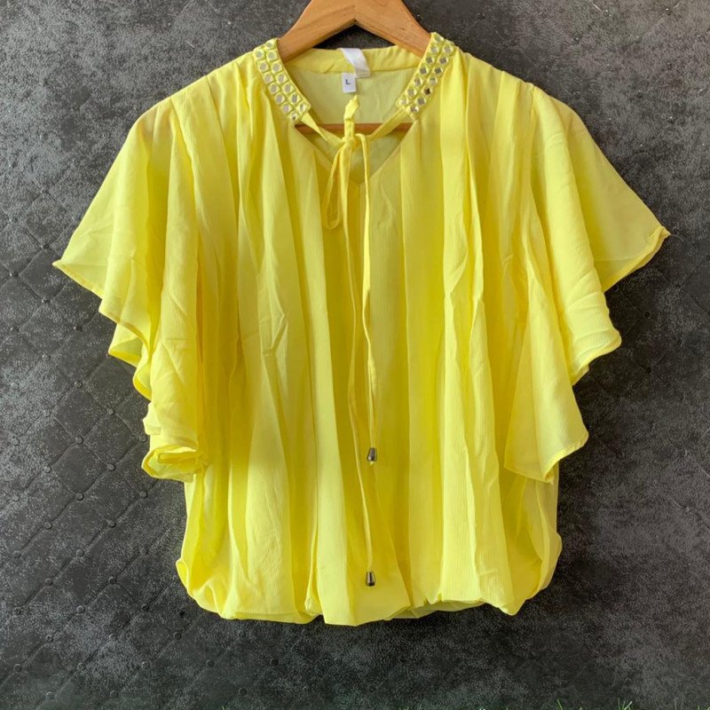 Yellow Mirror Embroidery Knot Collar Balloon Top