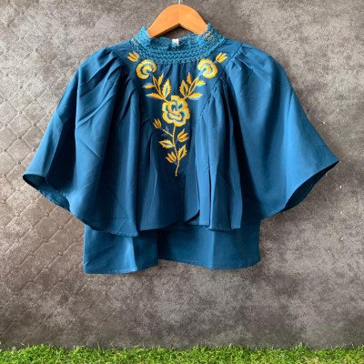 Blue Neck Elastic Lace Fully Frill Embroidery Short Top