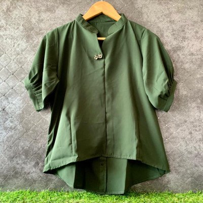 Green Casual Pleated Half Sleeve 2 Button Up Down Top