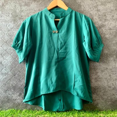 Aqua Green Casual Pleated Half Sleeve 2 Button Up Down Top