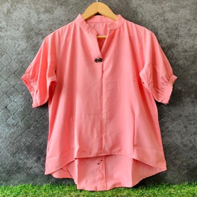 Coral Casual Pleated Half Sleeve 2 Button Up Down Top