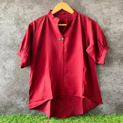 Casual Maroon Pleated Half Sleeve 2 Button Up Down Top